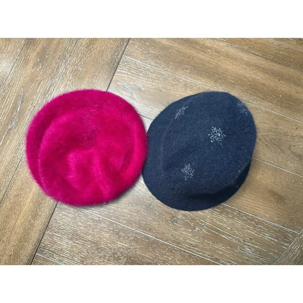 LOT x 2 Winter Hats Magenta Jeweled Bow Beret Cap & Navy Bucket Snowflake
